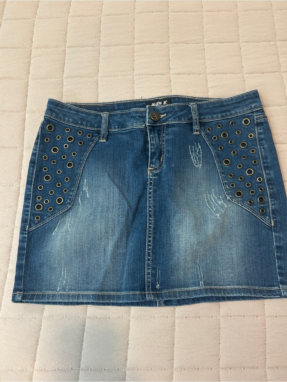 Arden B Distressed Blue Denim Mini Skirt with Grommet Detail